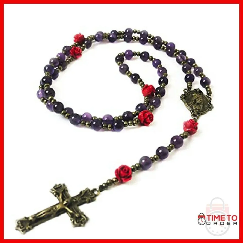 Amethyst Stone Rosary Bracelet Set with Immaculate Heart of Mary Centerpiece
